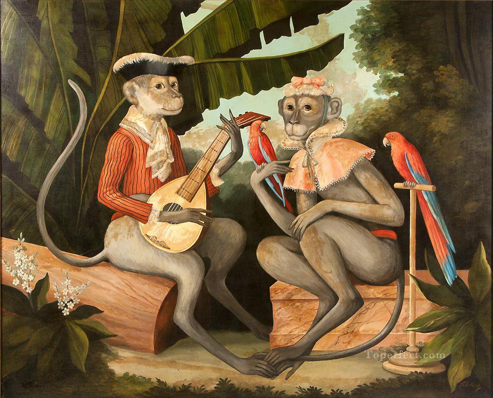 singe jouant de la guitare et des perroquets Peintures à l'huile